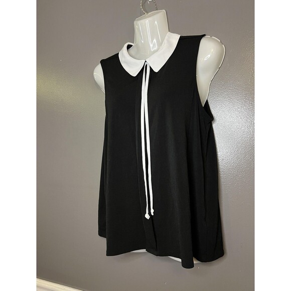 ELLE Shirt Womens Small Black White Peter Pan Collar Tie Neck Sleeveless Top - Picture 3 of 7